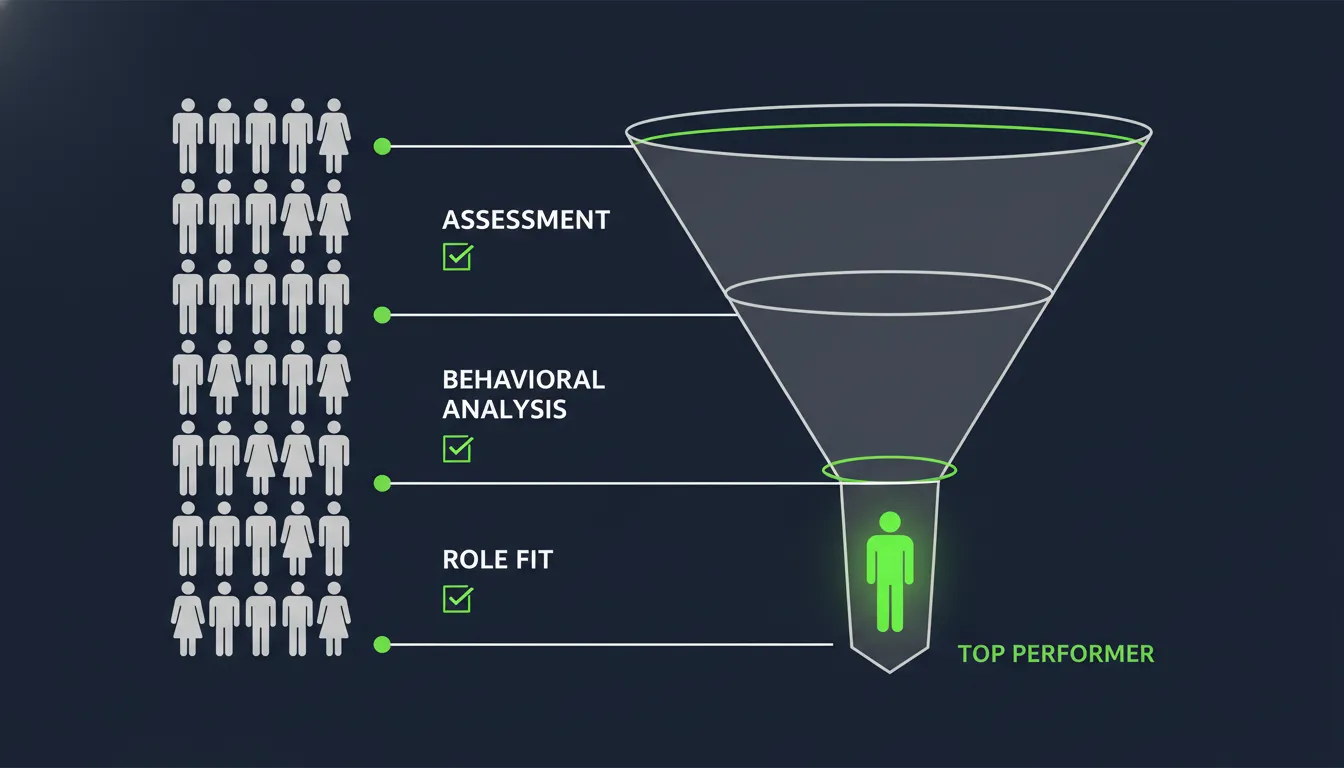 Sales hiring funnel: candidates filtered through Assessment, Behavioral Analysis, and Role Fit stages to identify top performers