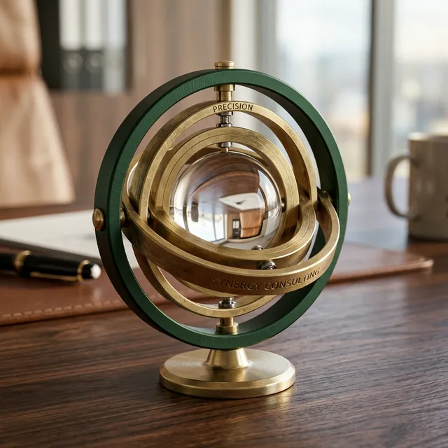 A hyper-realistic, ultra-premium macro photograph of a sophisticated precision gyroscope resting on an executive desk.